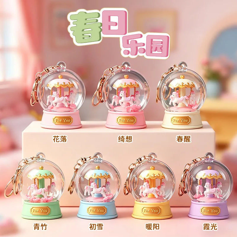 Spring Paradise Carousel Blind Box Crystal Ball Mini Figurine Key Chain Desktop Ornament Tabletop Decoration Birthday Gift